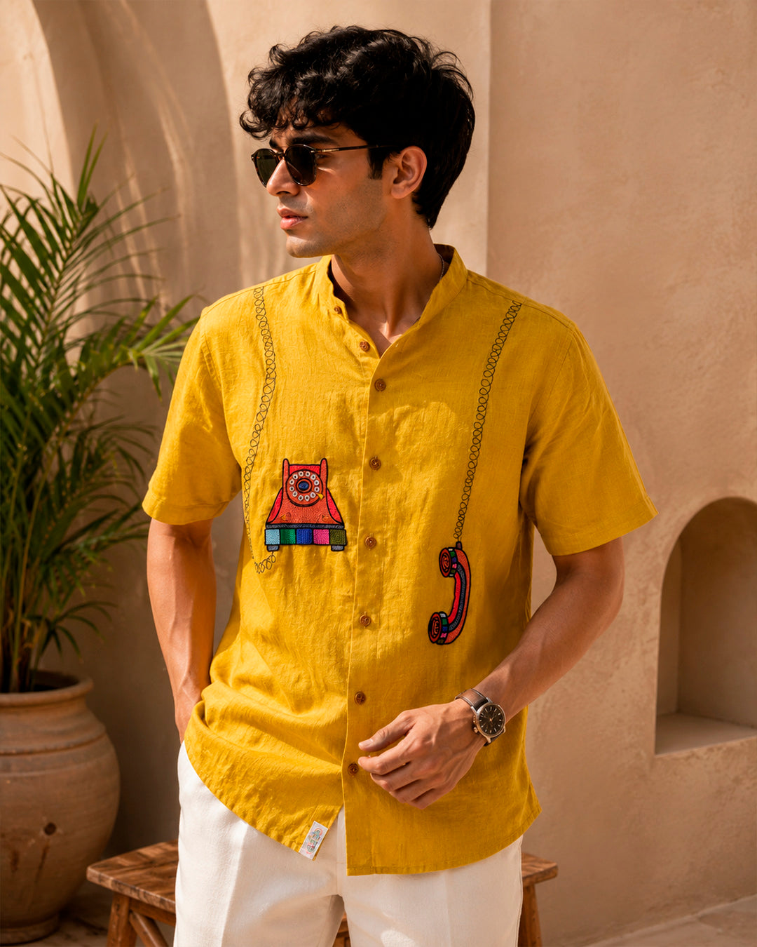 Retro Telephone Embroidered Half Shirt