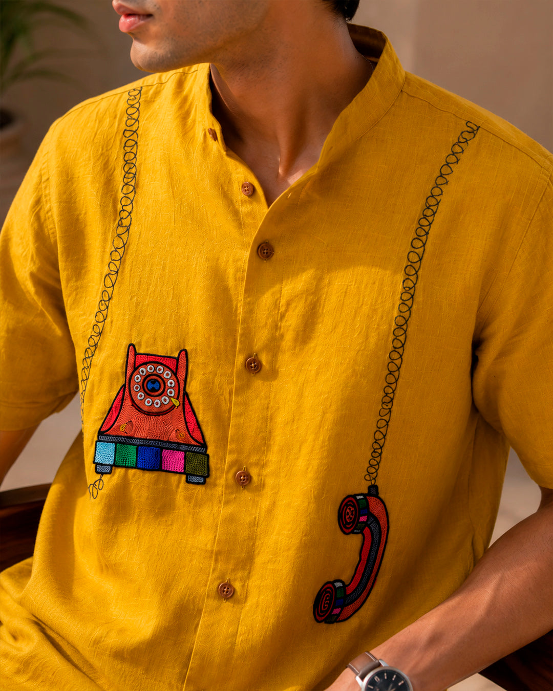 Retro Telephone Embroidered Half Shirt