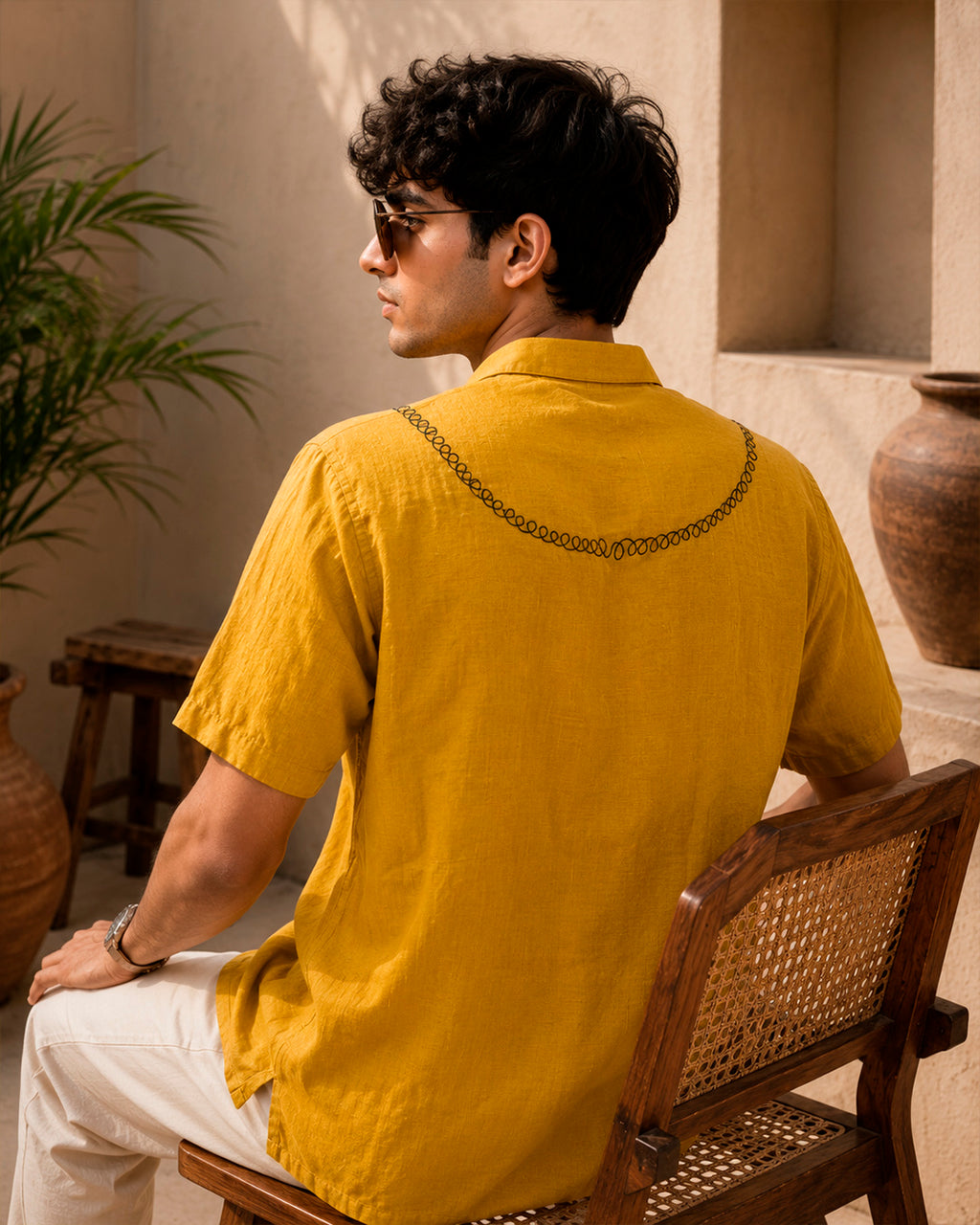 Retro Telephone Embroidered Half Shirt