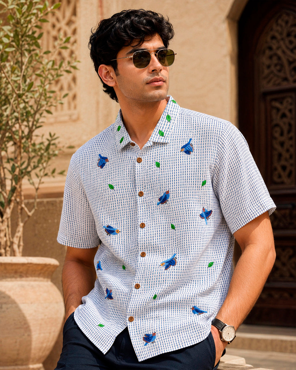 Blue Flying Bird Embroidered Half Shirt