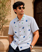 Blue Flying Bird Embroidered Half Shirt