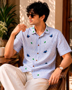 Blue Flying Bird Embroidered Half Shirt