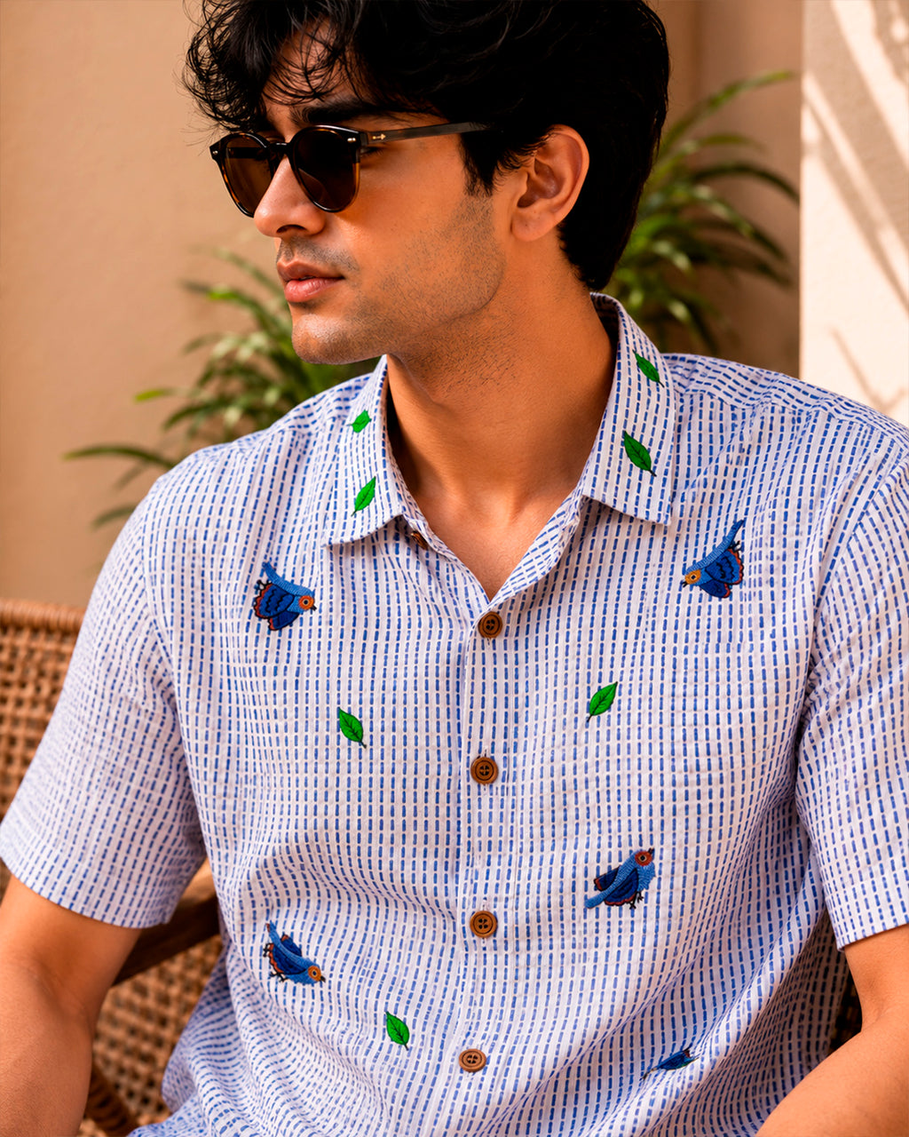 Blue Flying Bird Embroidered Half Shirt