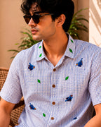 Blue Flying Bird Embroidered Half Shirt