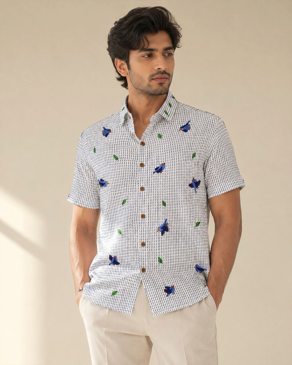 Blue Flying Bird Embroidered Half Shirt