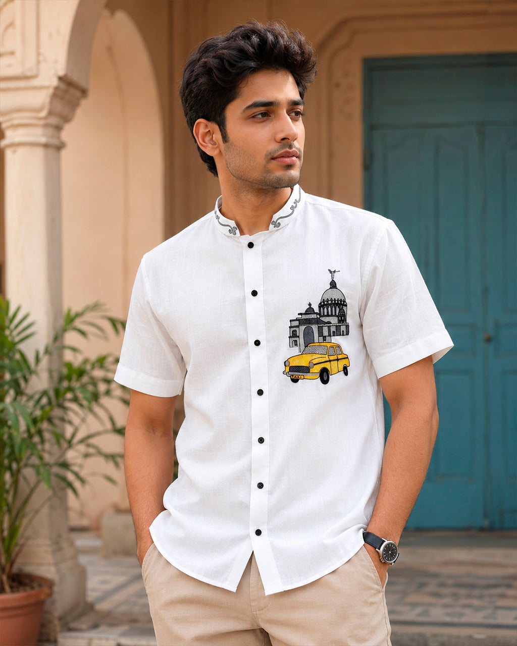 Kolkata Yellow Taxi Embroidered Half Shirt