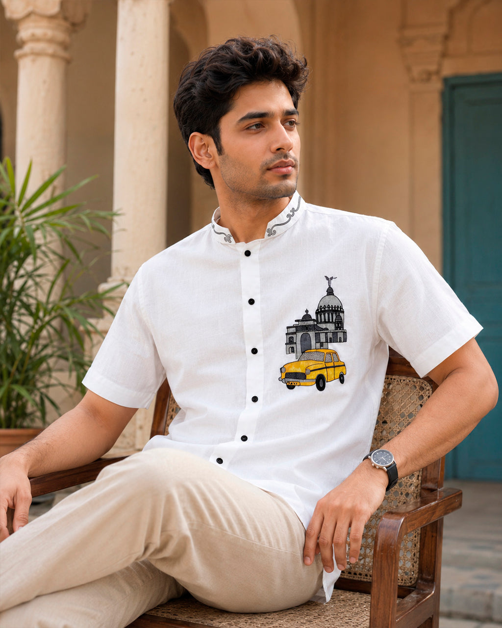 Kolkata Yellow Taxi Embroidered Half Shirt