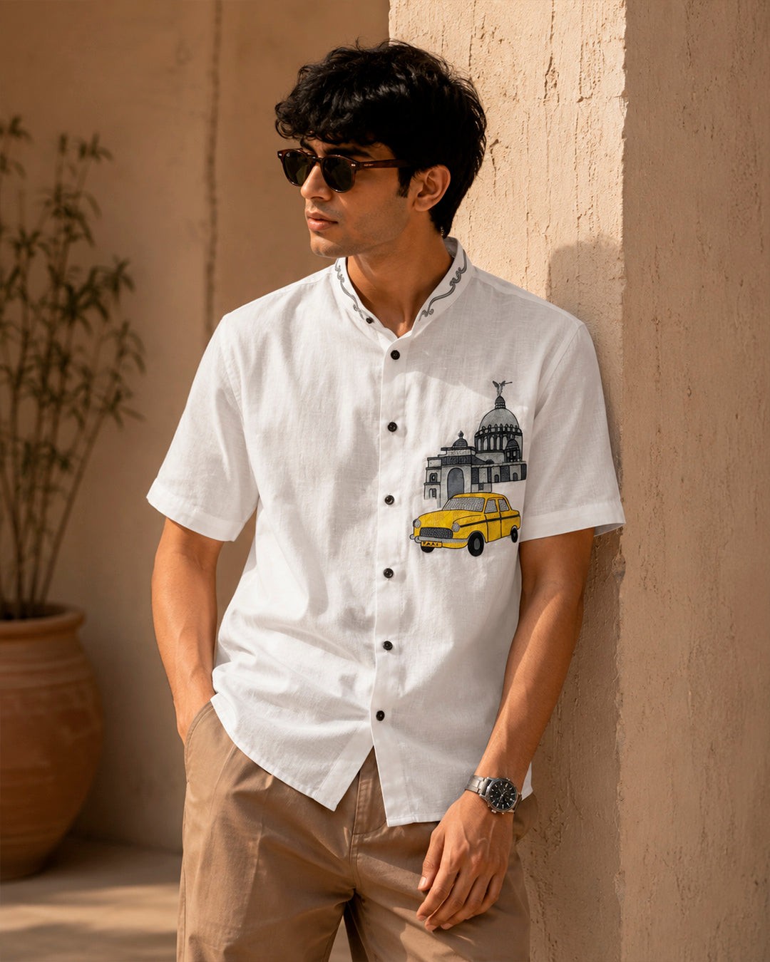 Kolkata Yellow Taxi Embroidered Half Shirt