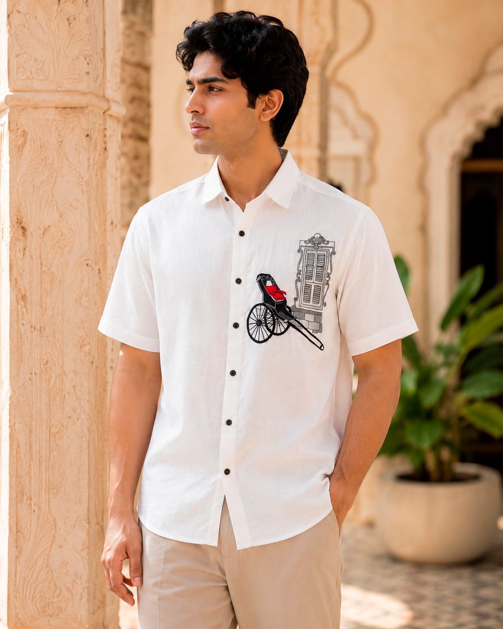 Kolkata Hand Pull Rickshaw Embroidered Half Shirt