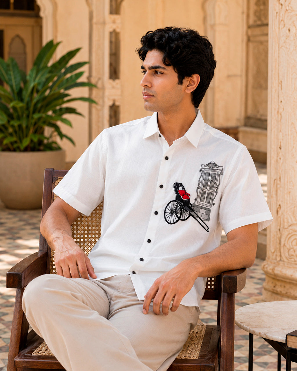 Kolkata Hand Pull Rickshaw Embroidered Half Shirt