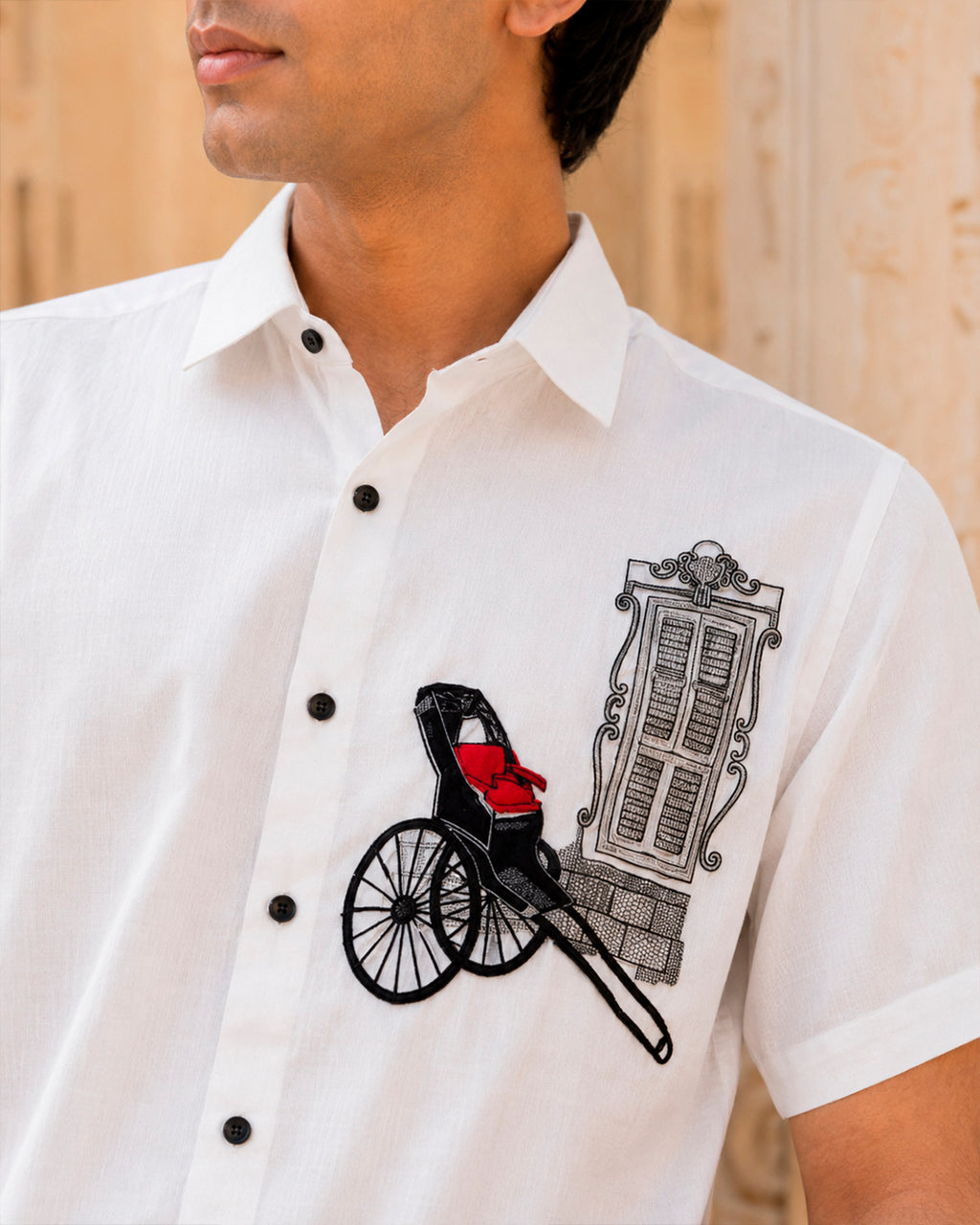 Kolkata Hand Pull Rickshaw Embroidered Half Shirt