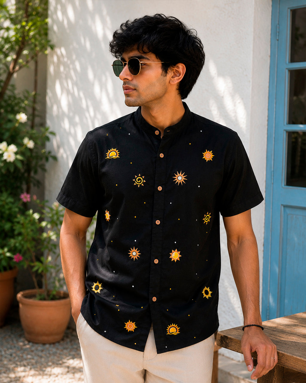 Sun Motif Embroidered Half Shirt