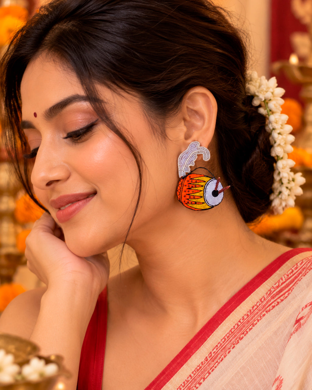 Dhak Earrings (White Accent)