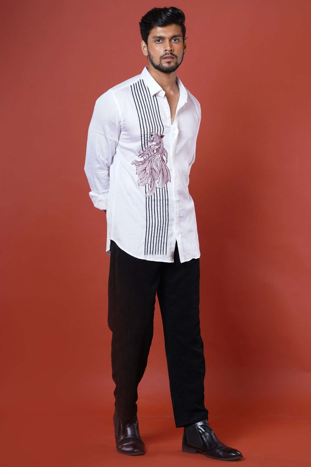 Fish Hand Embroidered Mens Casual Full Sleeve Shirt