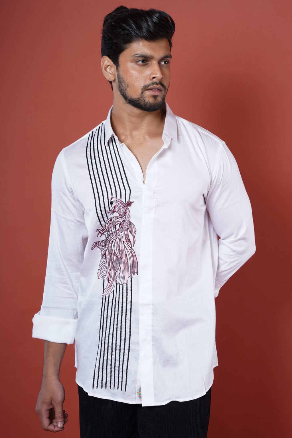Fish Hand Embroidered Mens Casual Full Sleeve Shirt