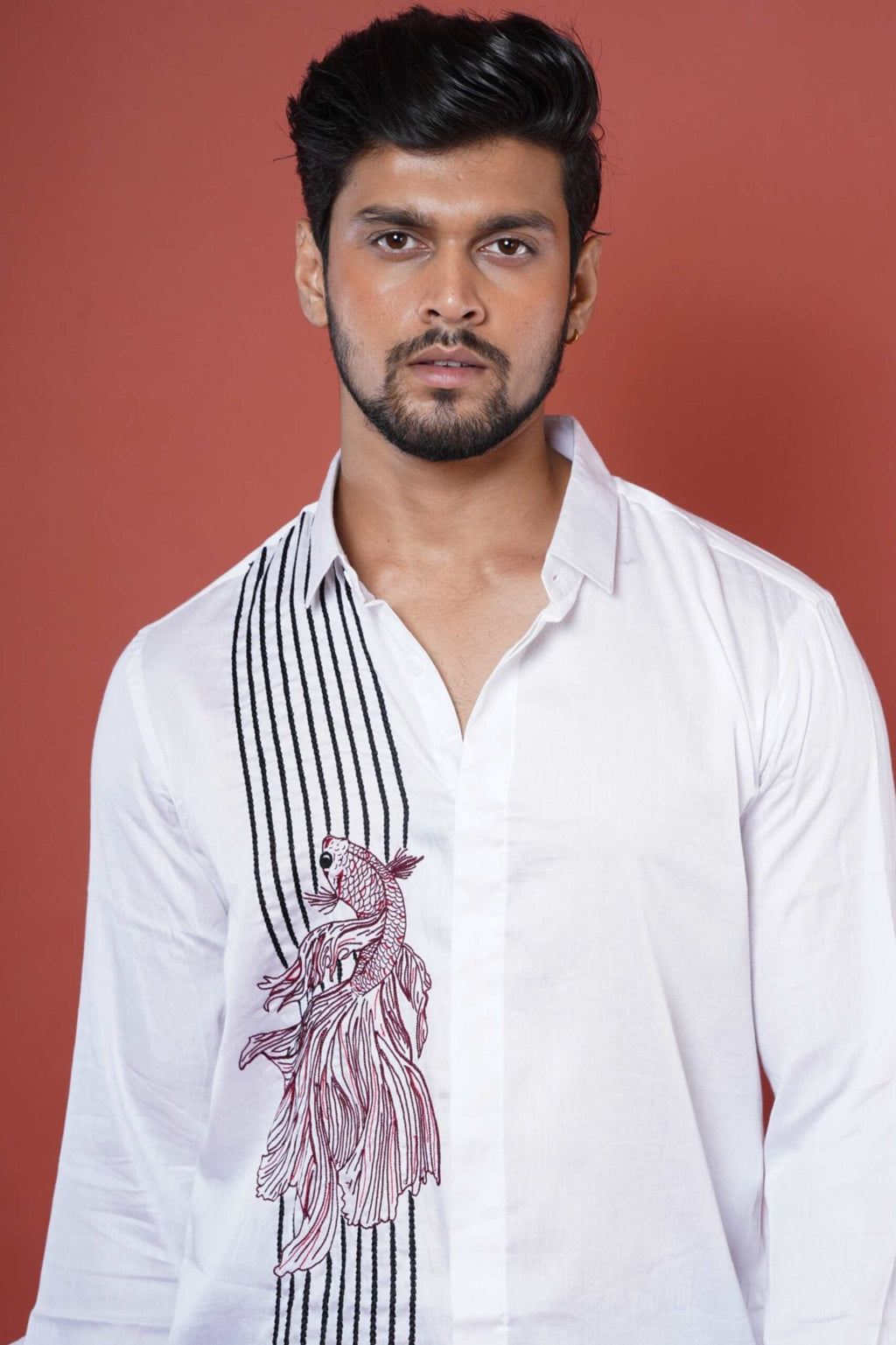 Fish Hand Embroidered Mens Casual Full Sleeve Shirt