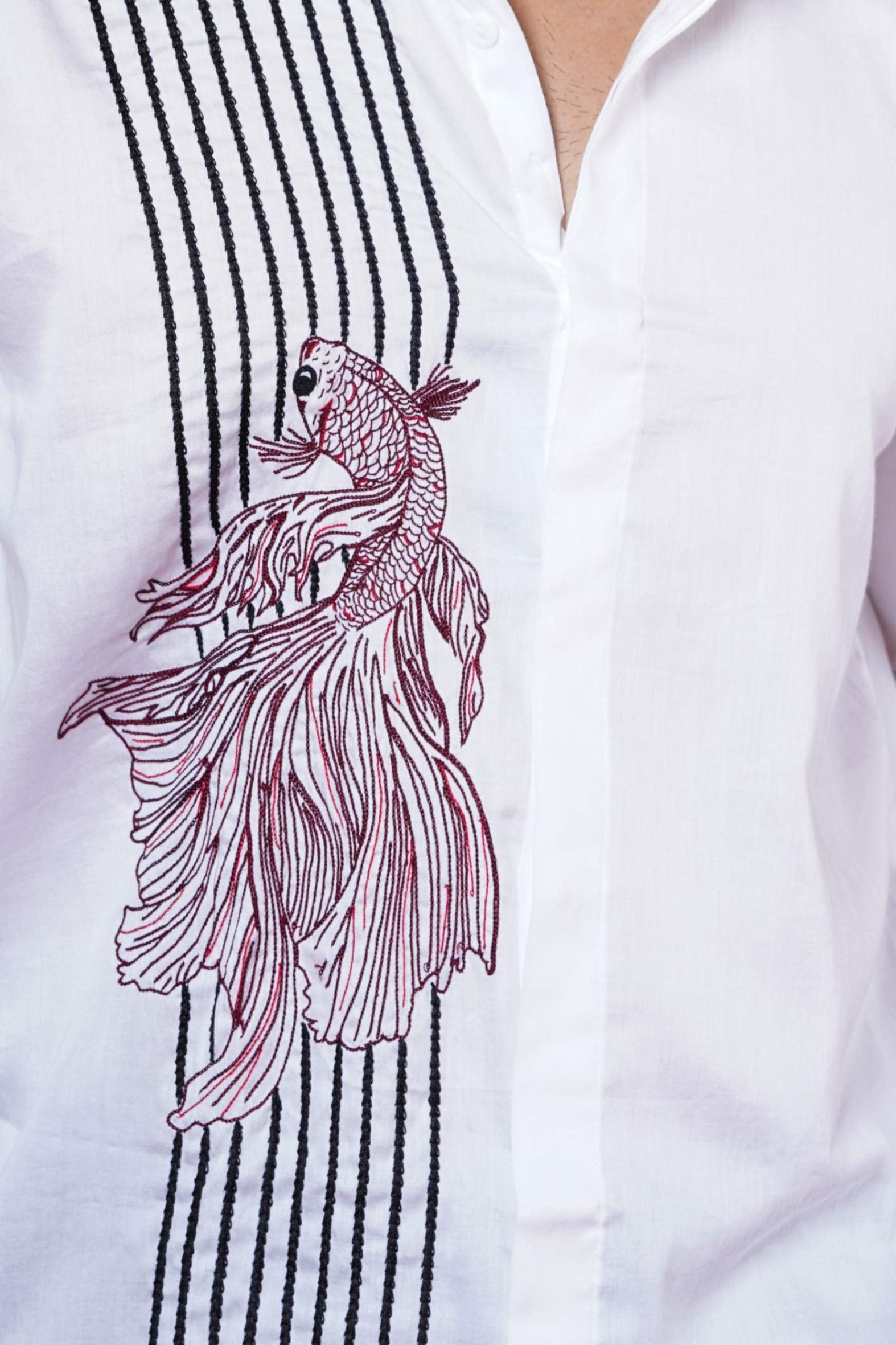 Fish Hand Embroidered Mens Casual Full Sleeve Shirt