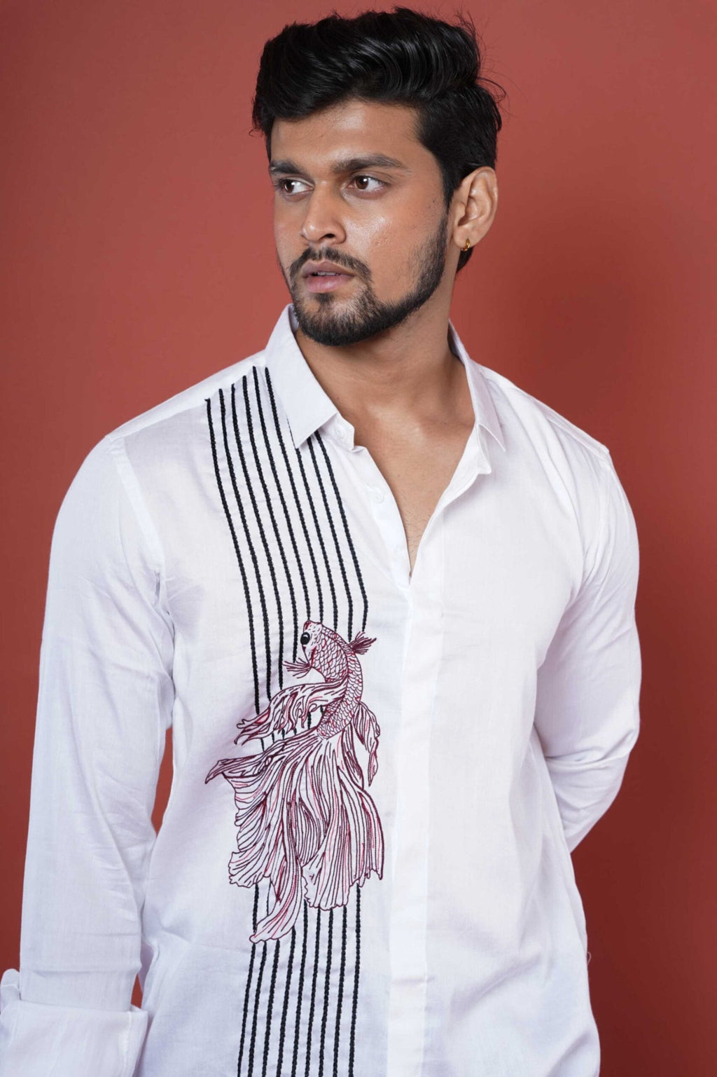 Fish Hand Embroidered Mens Casual Full Sleeve Shirt