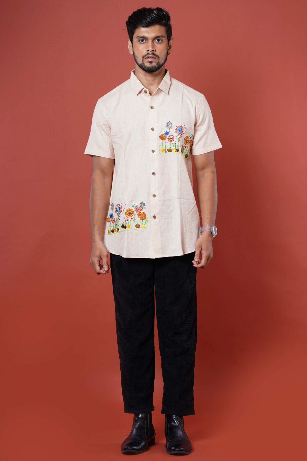Floral Patch Work With Hand Embroidered Mens Half Casual Shirt