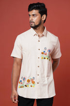 Floral Patch Work With Hand Embroidered Mens Half Casual Shirt