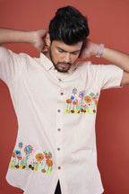 Floral Patch Work With Hand Embroidered Mens Half Casual Shirt