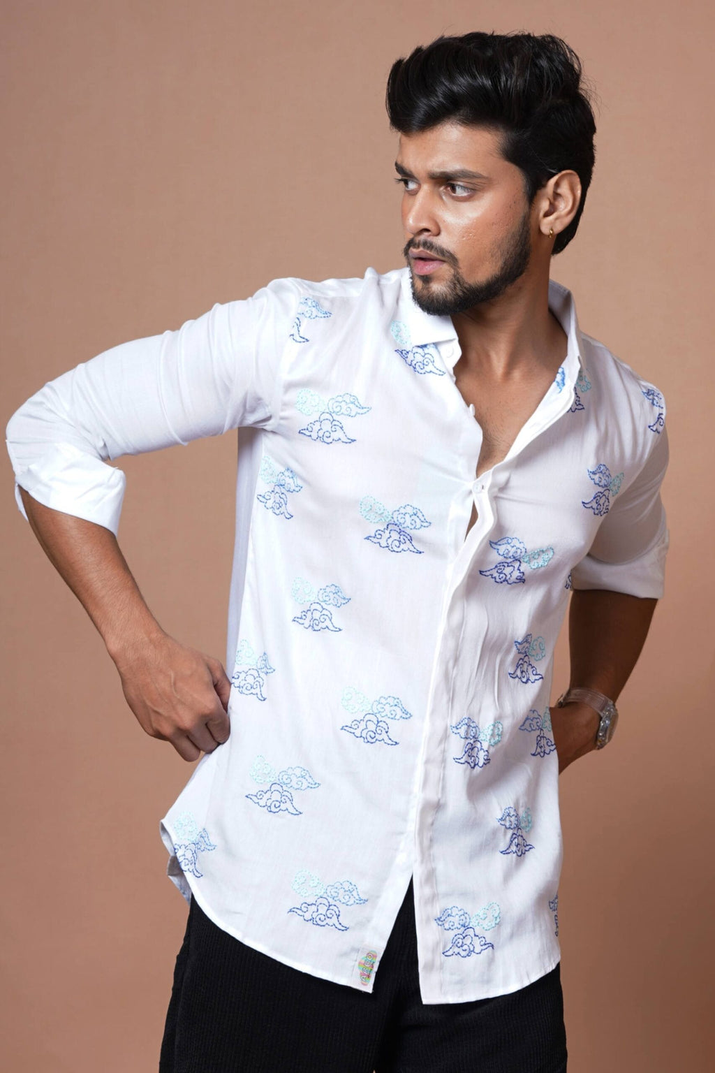 Full Sleeves Mens Shirt With Cloud Embroidery