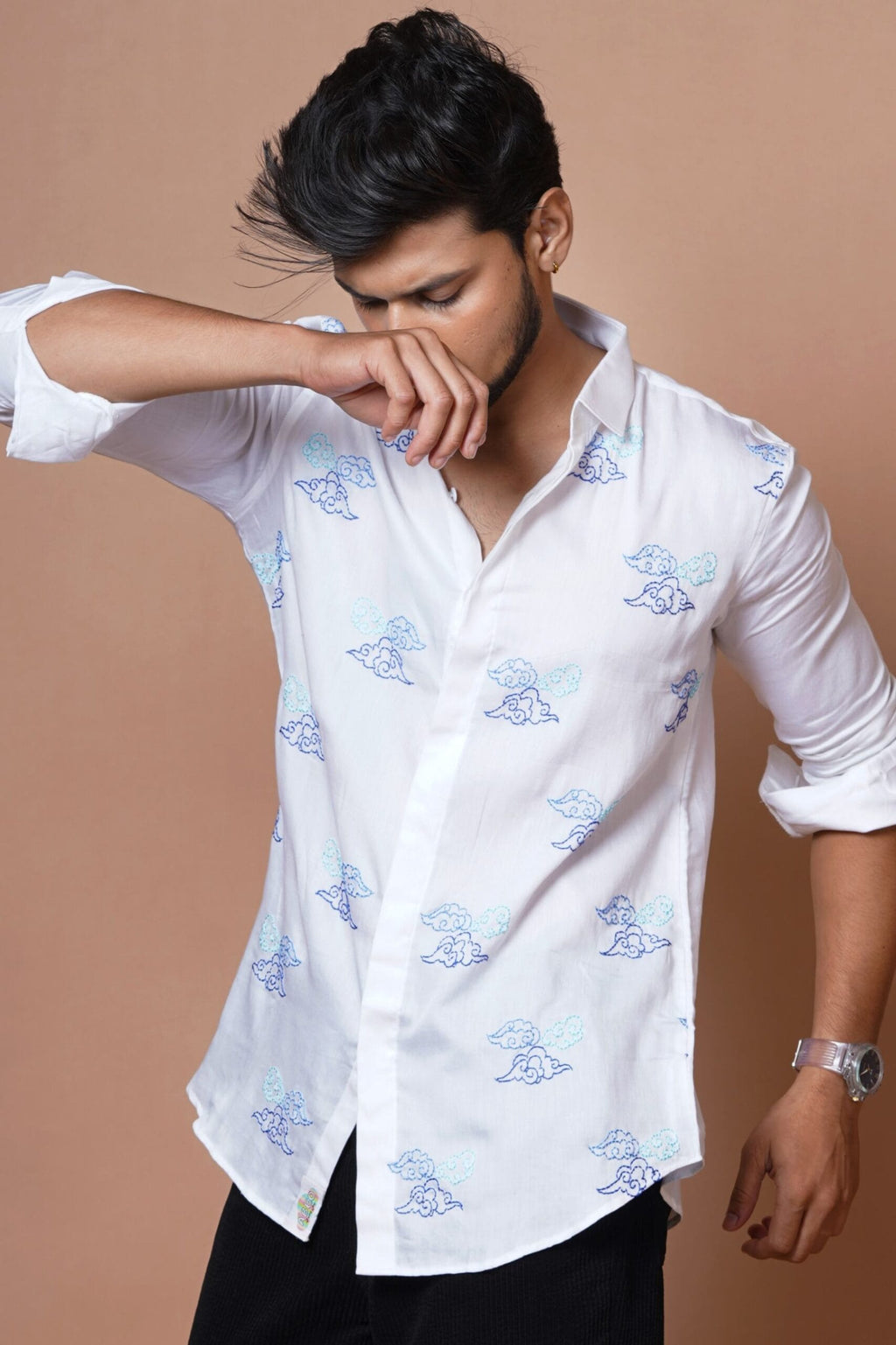 Full Sleeves Mens Shirt With Cloud Embroidery
