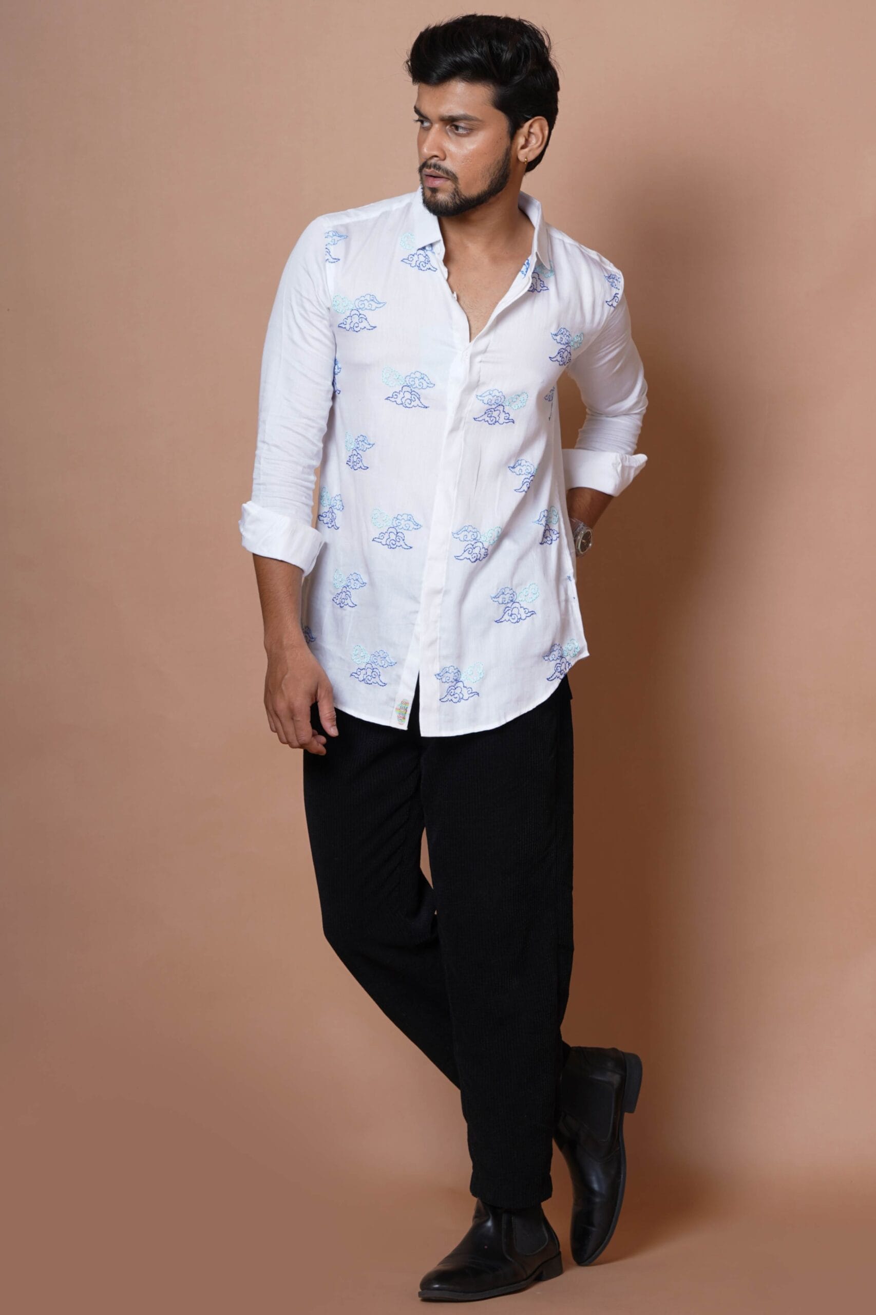 Full Sleeves Mens Shirt With Cloud Embroidery