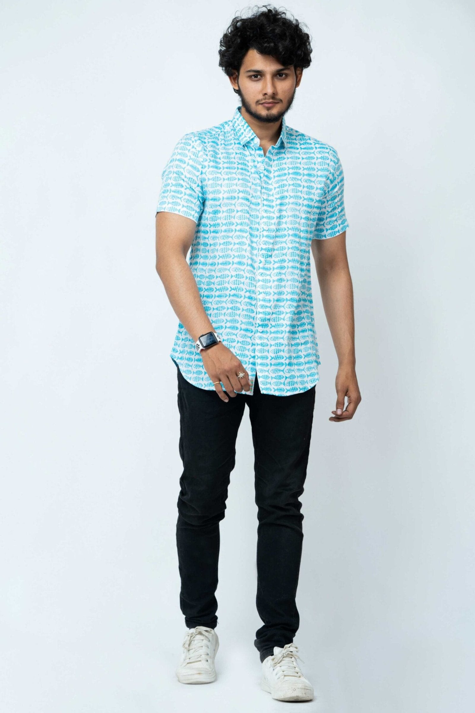 Fish Block Print Smart Cotton Shirt