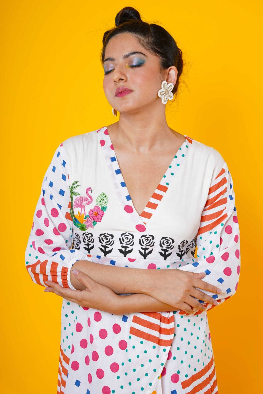 Flamingo Embroidered Block Printed Cotton Maxi Dress