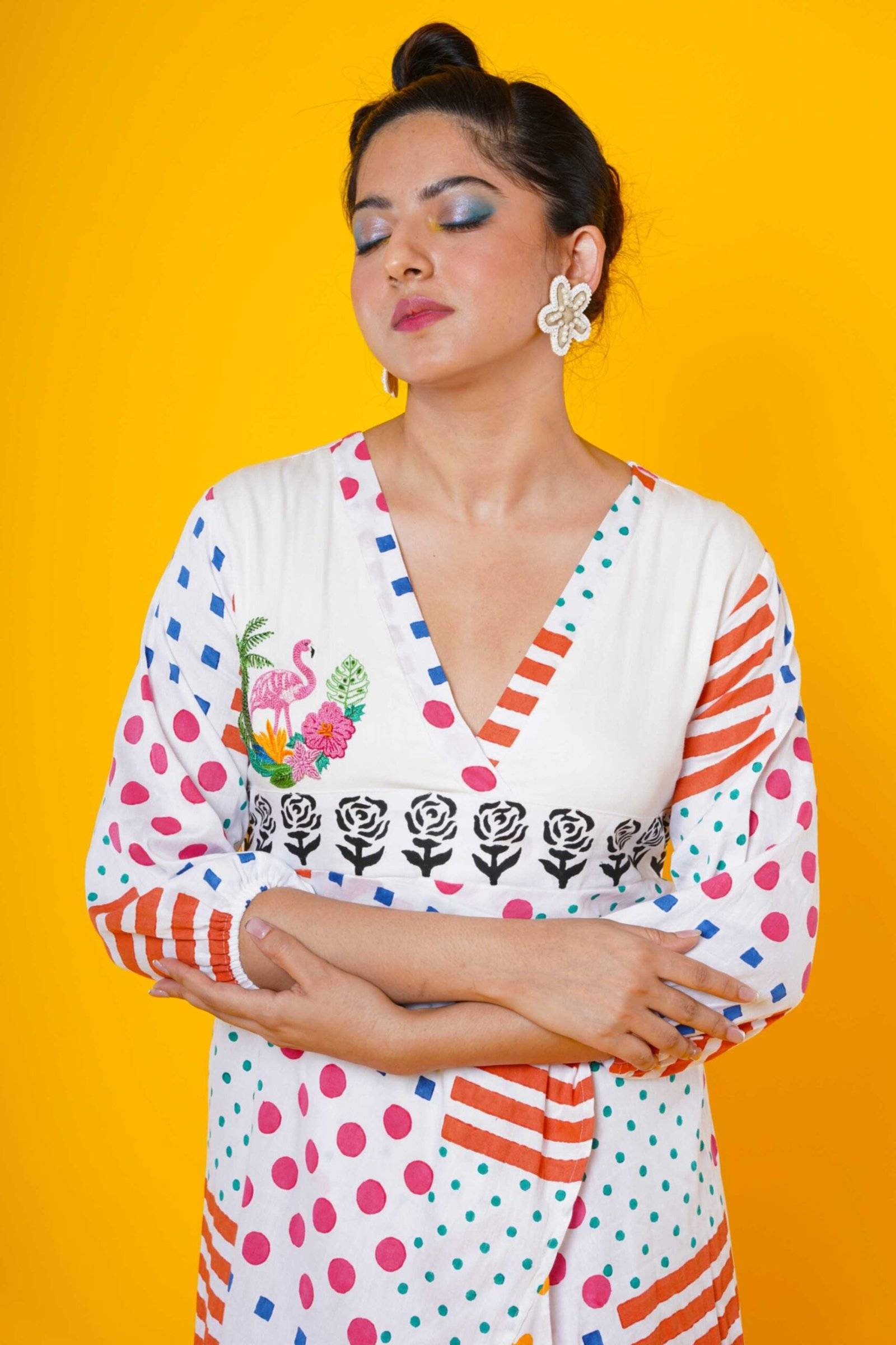 Flamingo Embroidered Block Printed Cotton Maxi Dress
