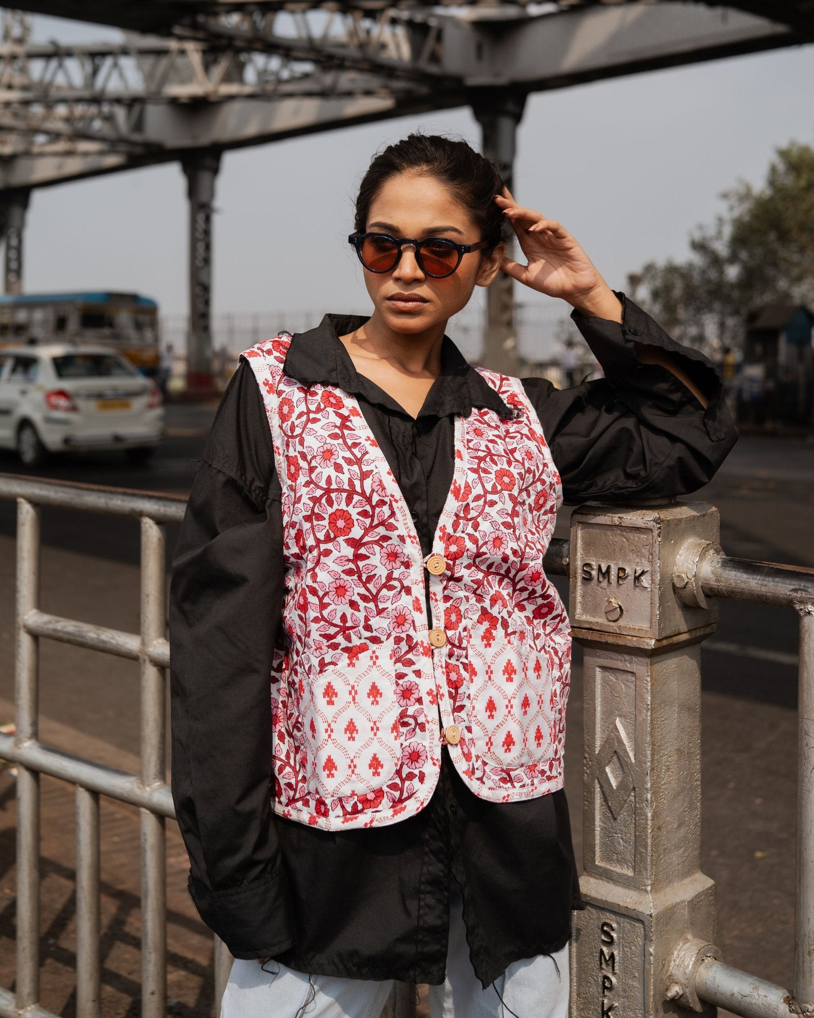 Floral Red And White Reversible Cotton Jacket