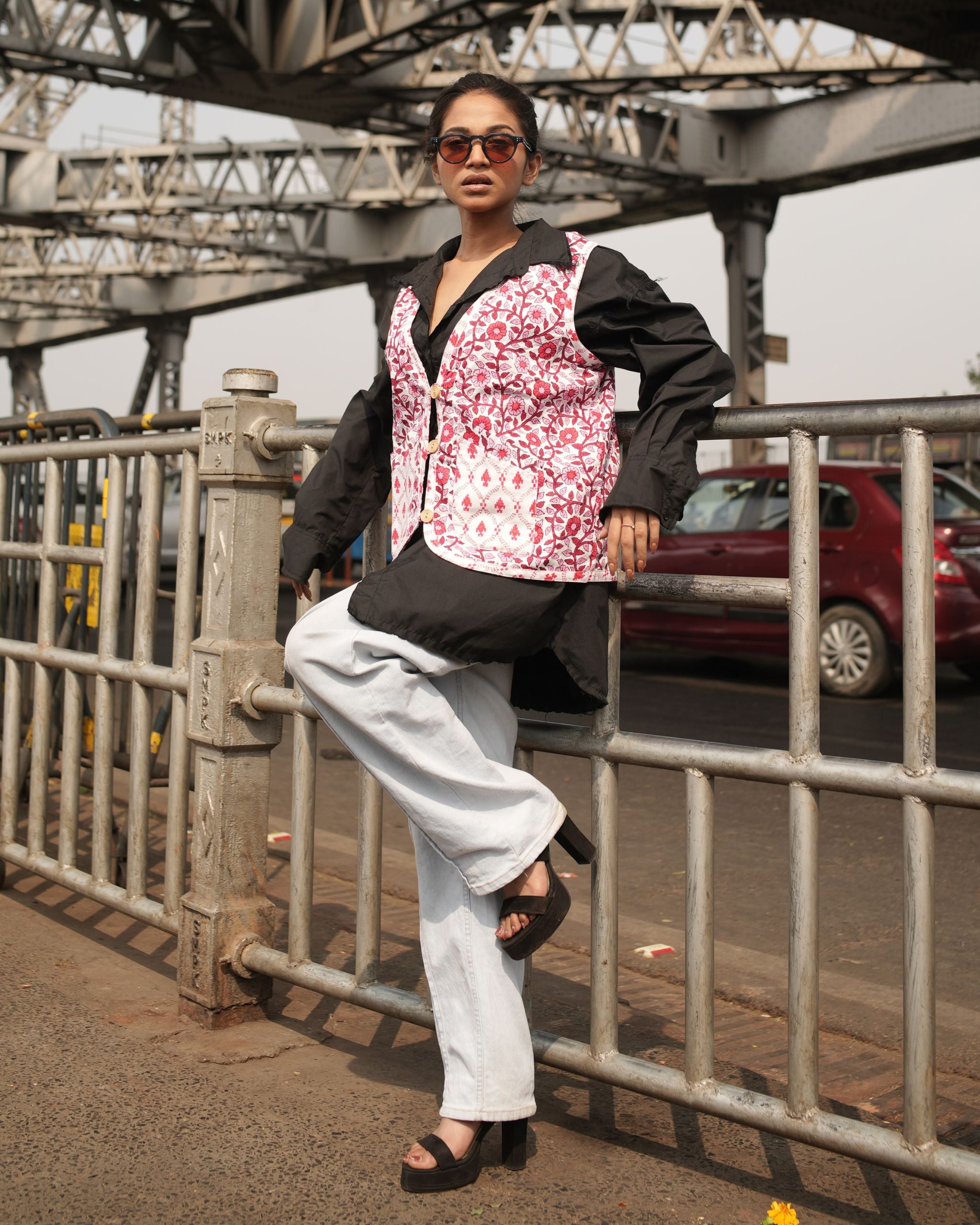 Floral Red And White Reversible Cotton Jacket