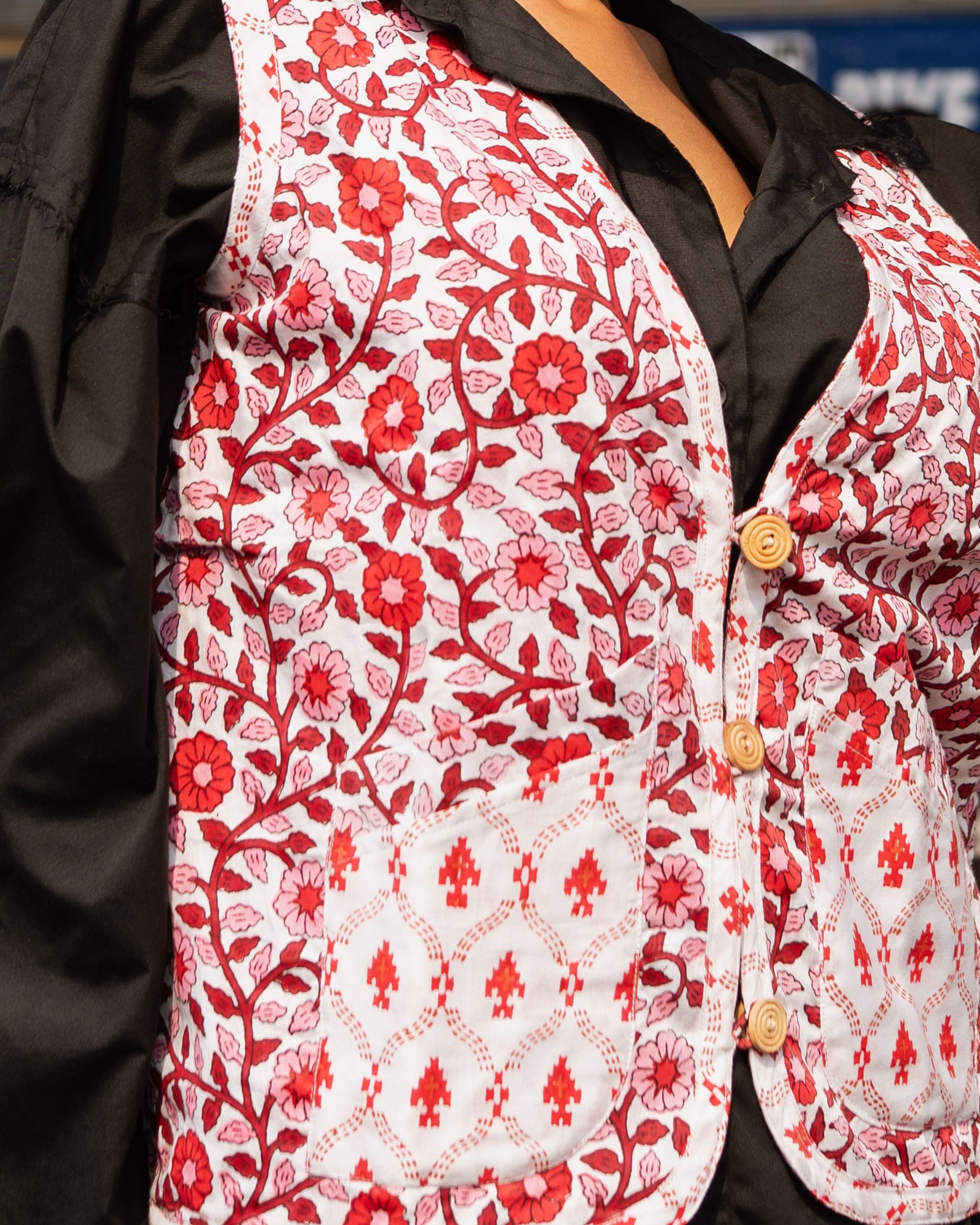 Floral Red And White Reversible Cotton Jacket