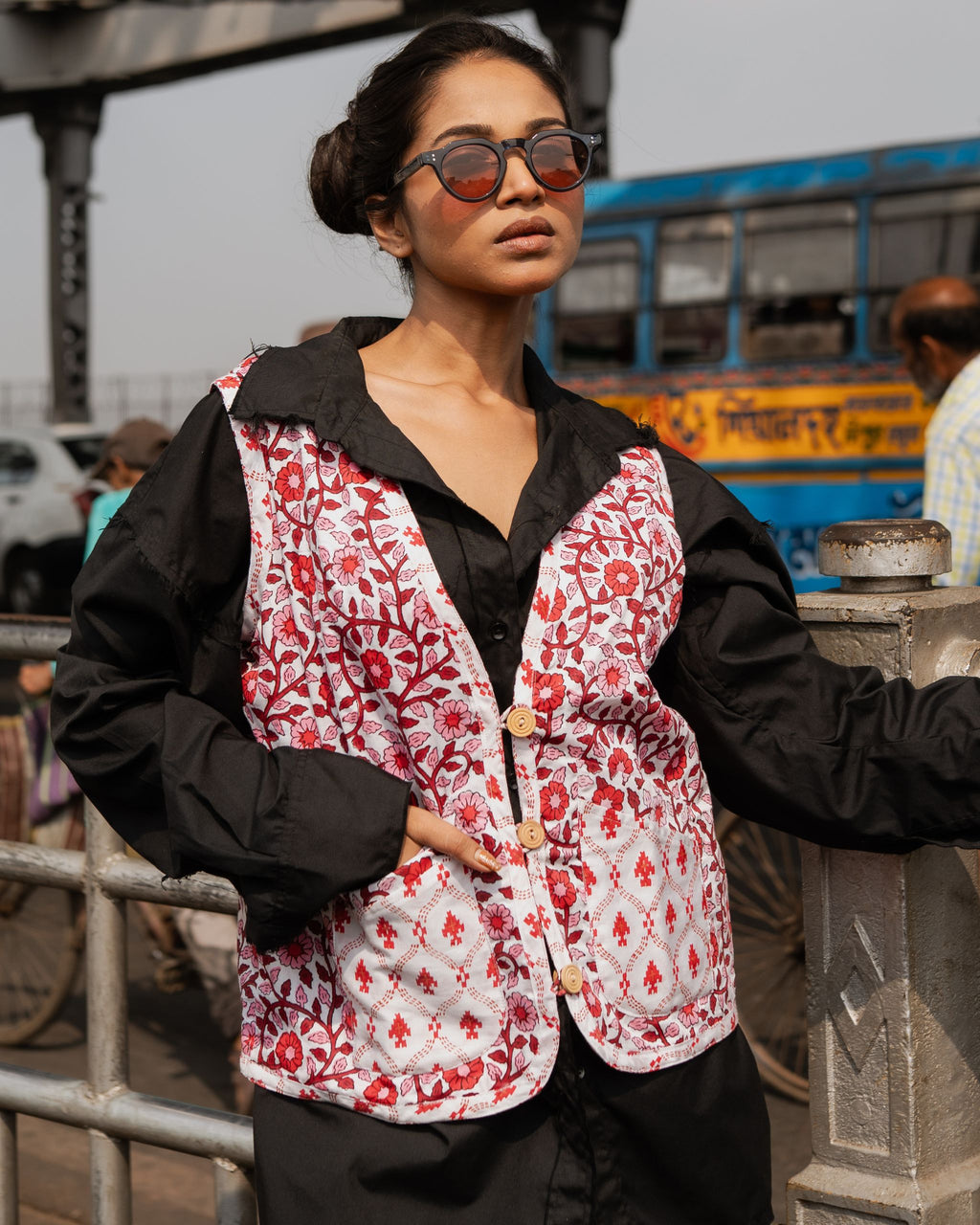 Floral Red And White Reversible Cotton Jacket