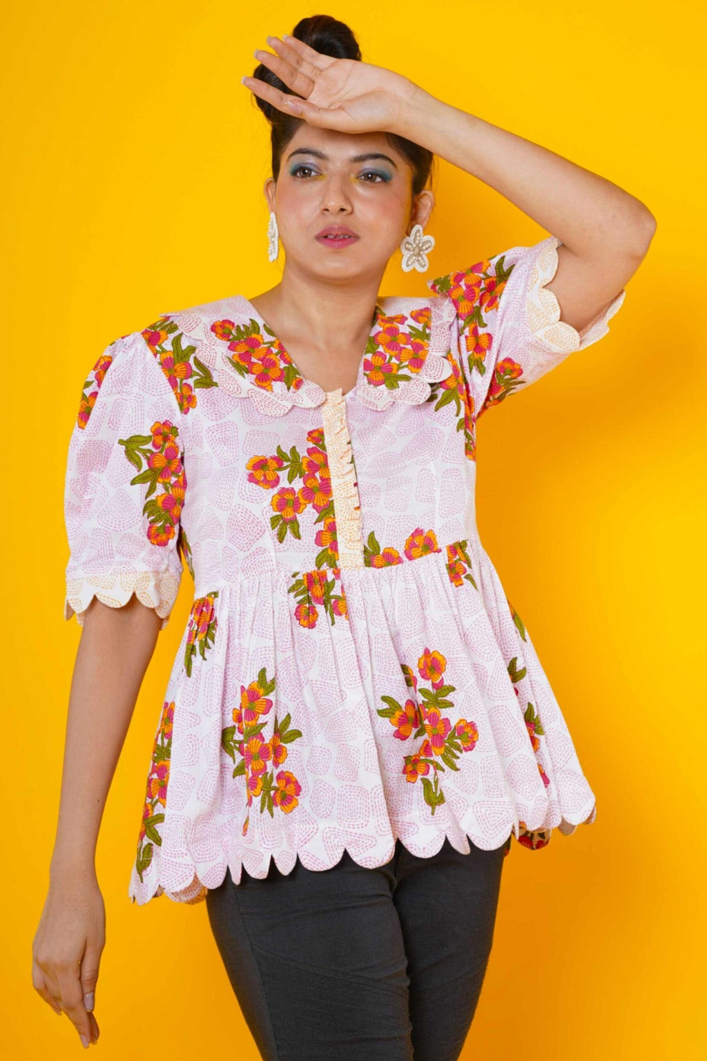 Floral Block Print Cotton Peplum Top