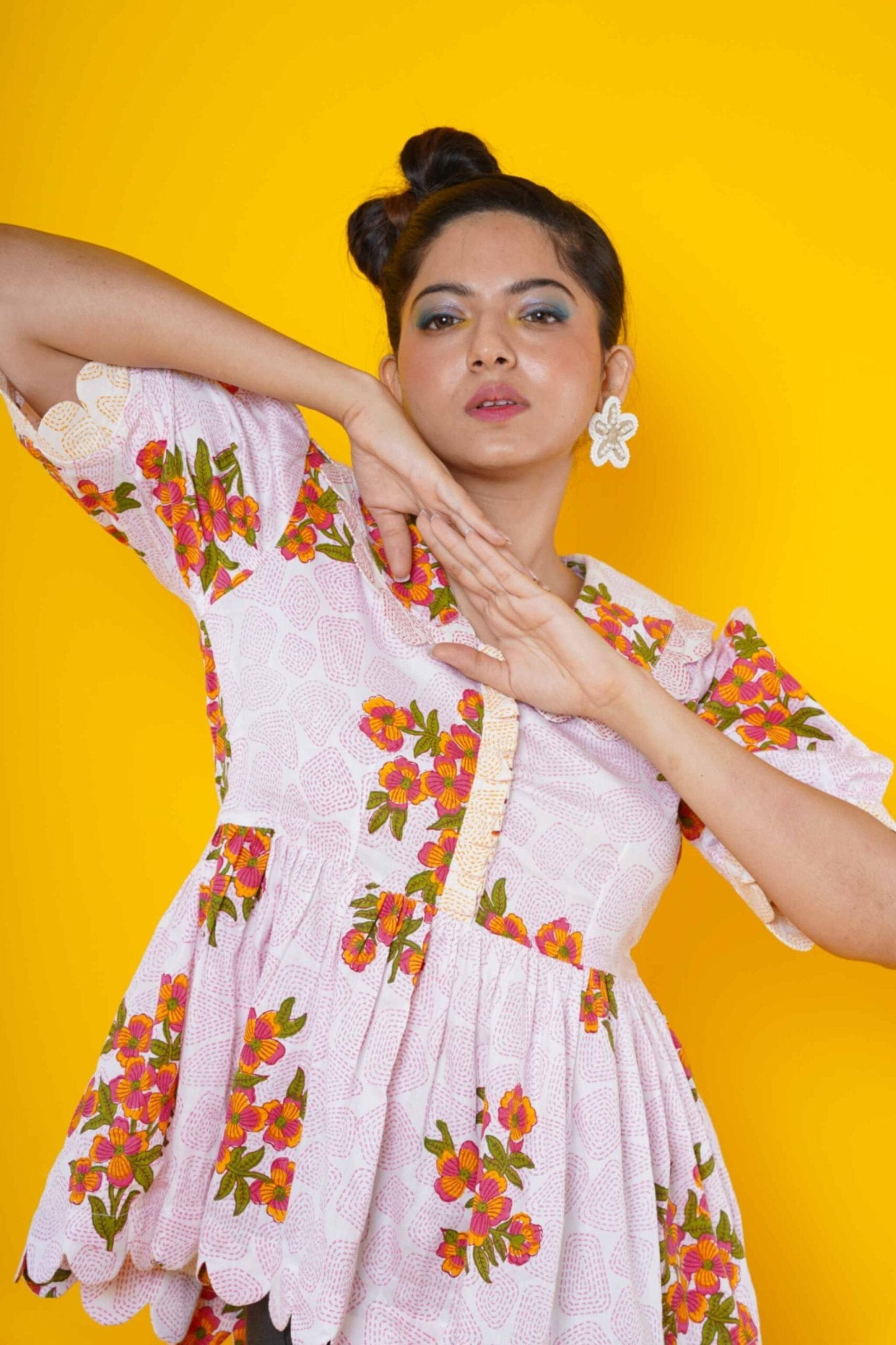 Floral Block Print Cotton Peplum Top