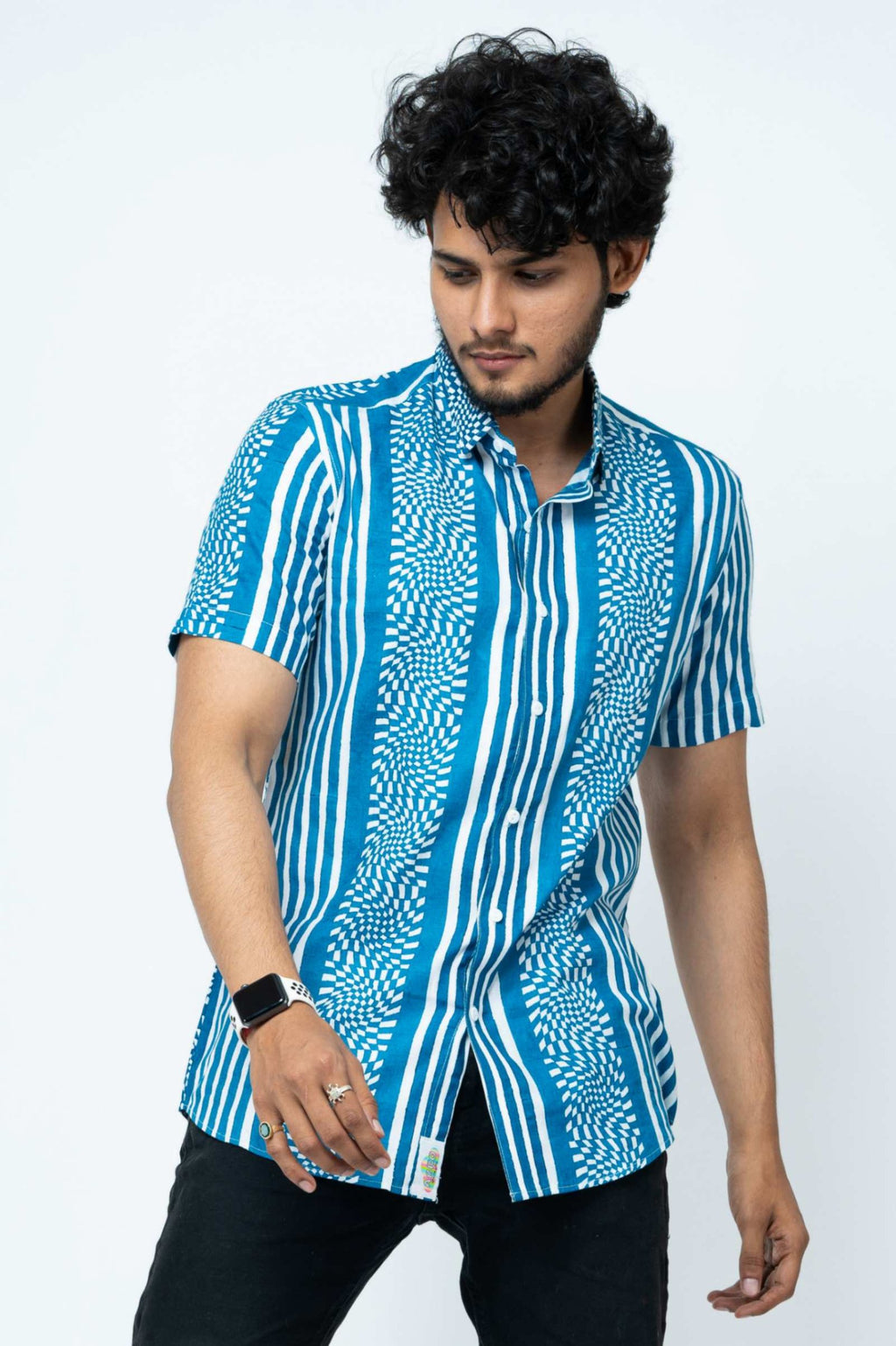 Indigo Mosaic Print  Mens Half Shirt