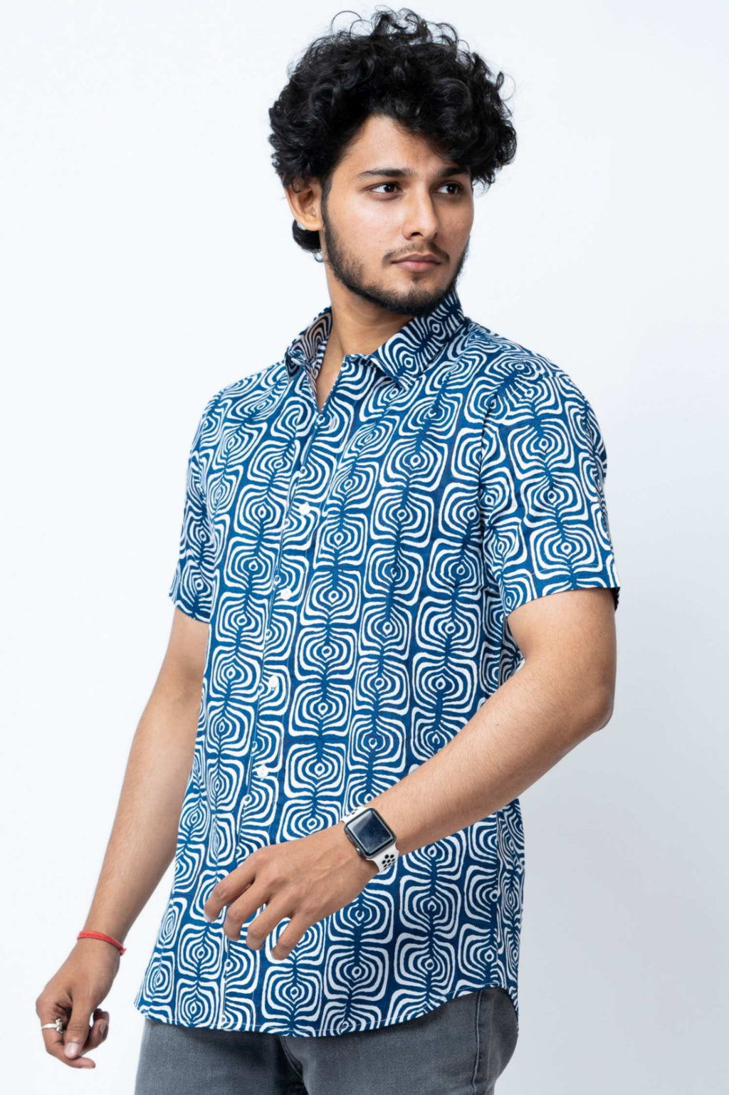 Indigo Print Smart  Casual Cotton  Shirt