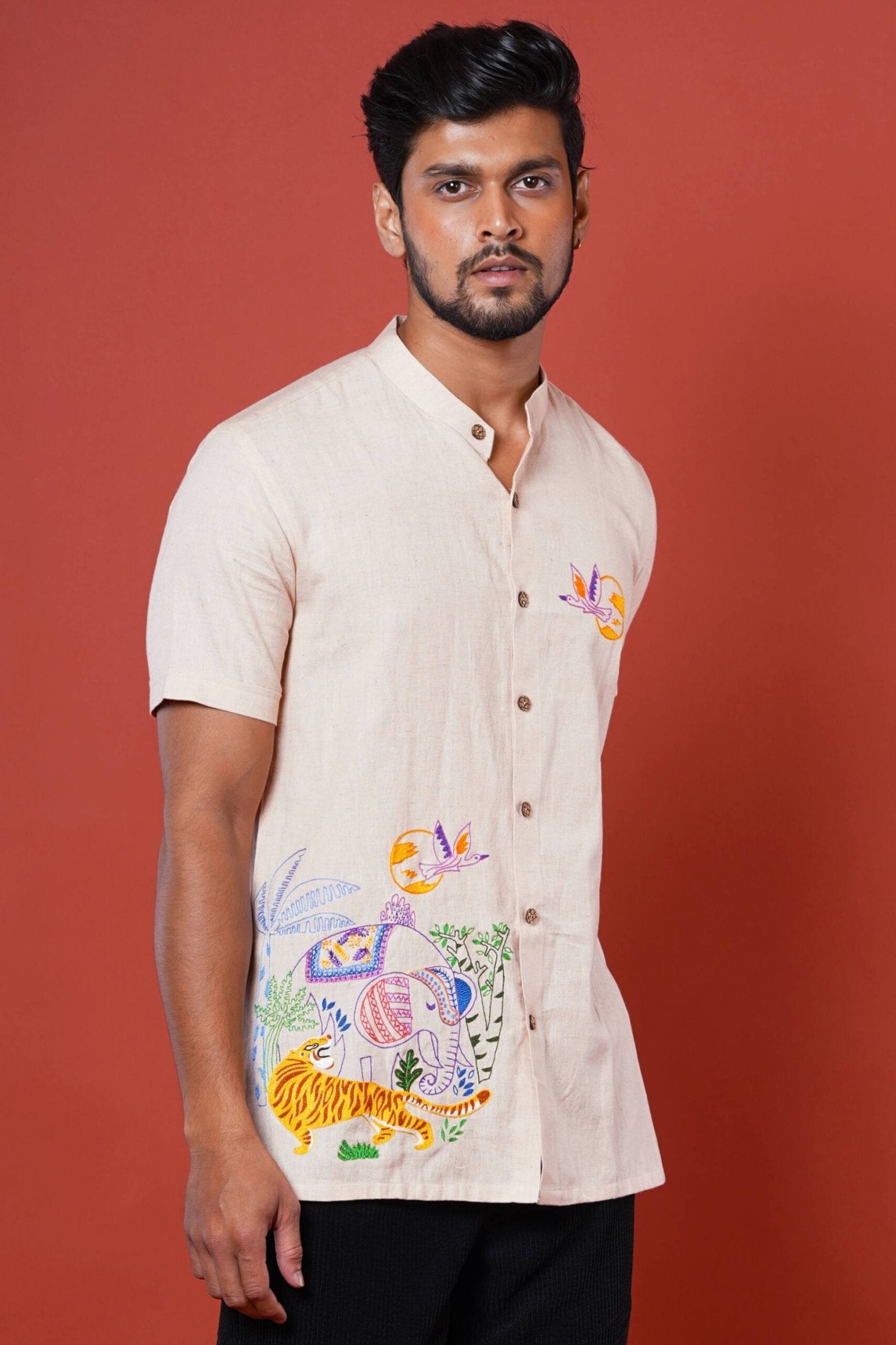 Jungle World Mens Half Sleeve Hand  Embroidered Shirt