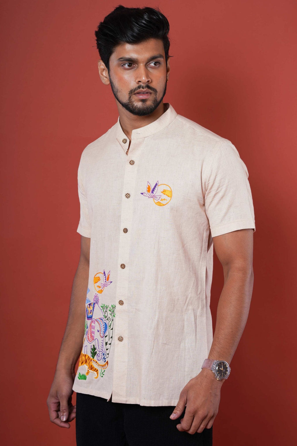 Jungle World Mens Half Sleeve Hand  Embroidered Shirt