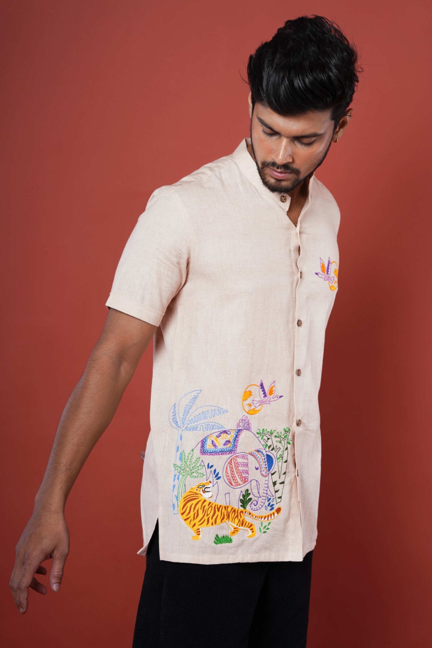Jungle World Mens Half Sleeve Hand  Embroidered Shirt