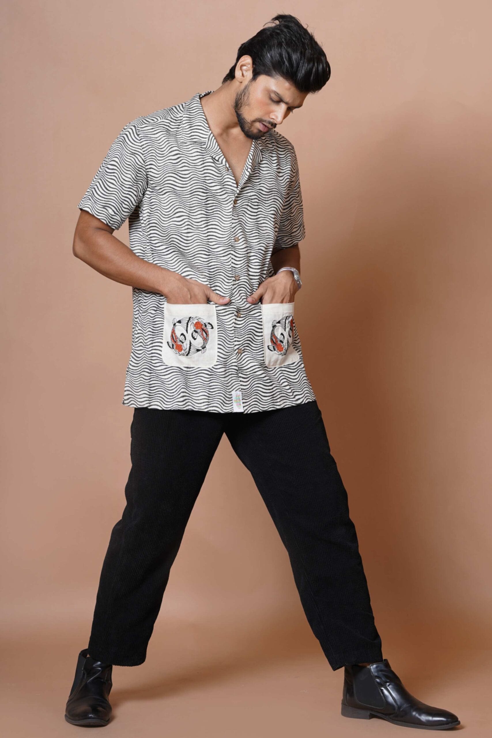 Koi Fish Embroidered Mens Casual Shirt