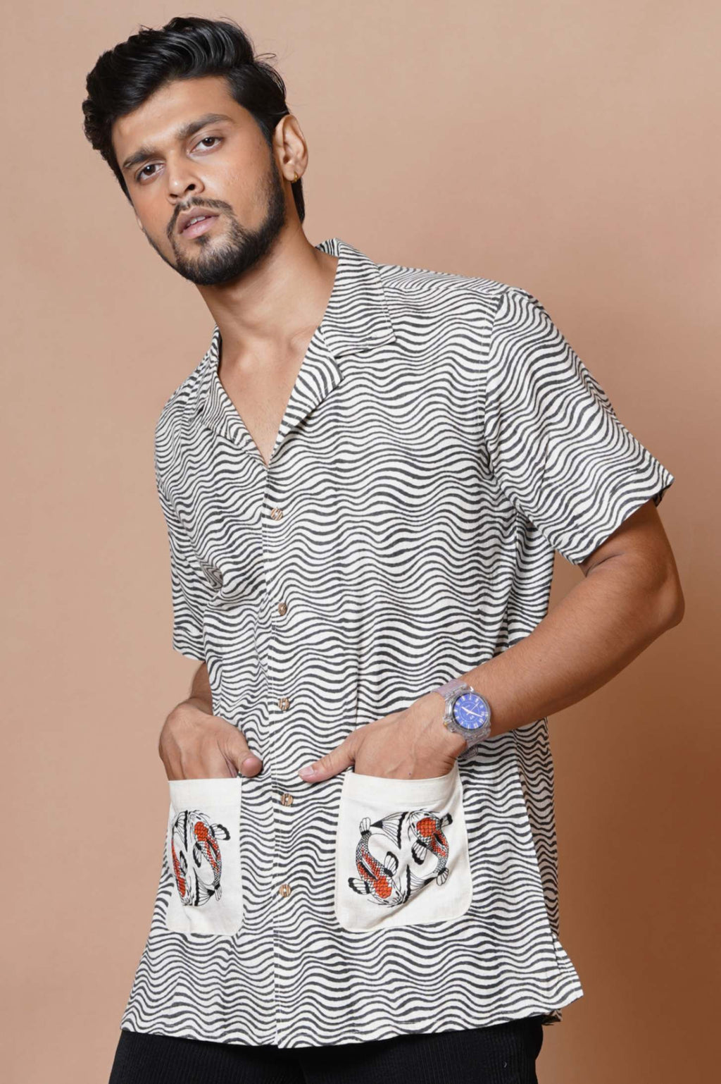 Koi Fish Embroidered Mens Casual Shirt