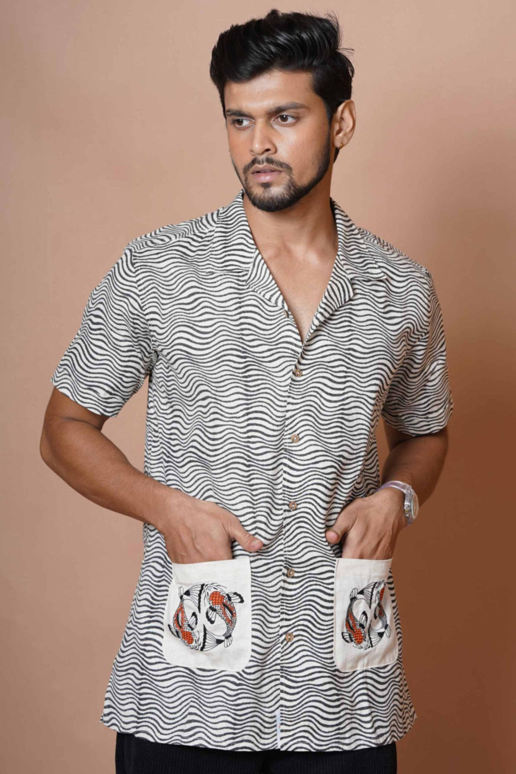 Koi Fish Embroidered Mens Casual Shirt