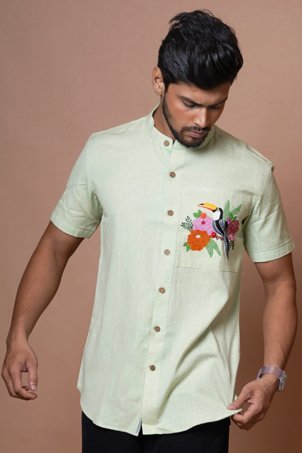 Light Pista Green Toucan Hand Embroidered  Mens Half Sleeve Shirt
