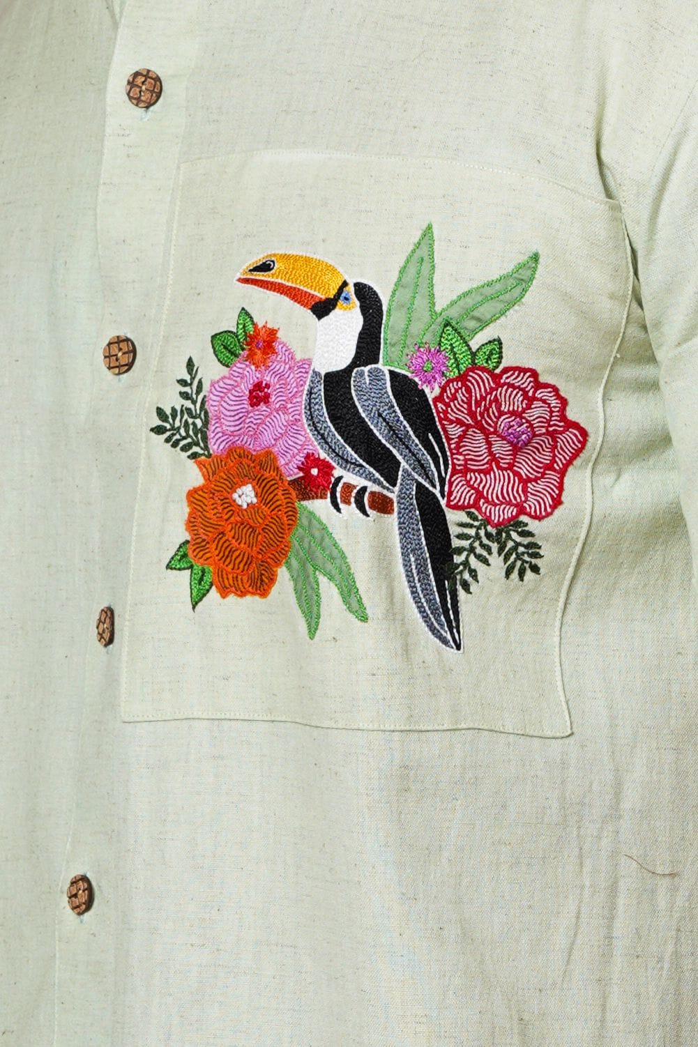 Light Pista Green Toucan Hand Embroidered  Mens Half Sleeve Shirt