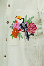 Light Pista Green Toucan Hand Embroidered  Mens Half Sleeve Shirt