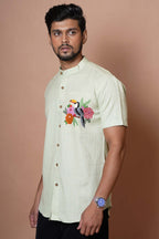 Light Pista Green Toucan Hand Embroidered  Mens Half Sleeve Shirt