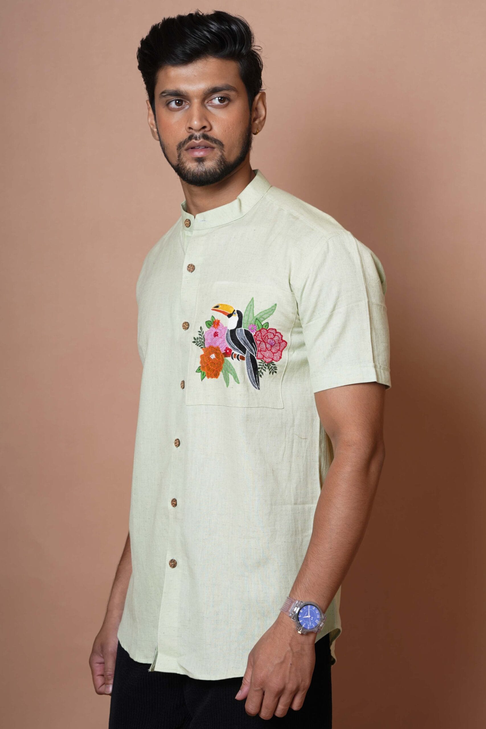 Light Pista Green Toucan Hand Embroidered  Mens Half Sleeve Shirt